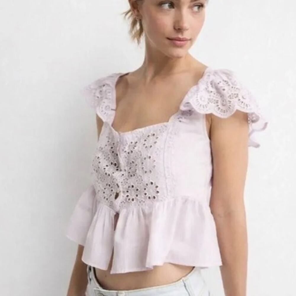 American Eagle Eyelet Lace Peplum Blouse Lavender Purple Cottagecore Top S NWT